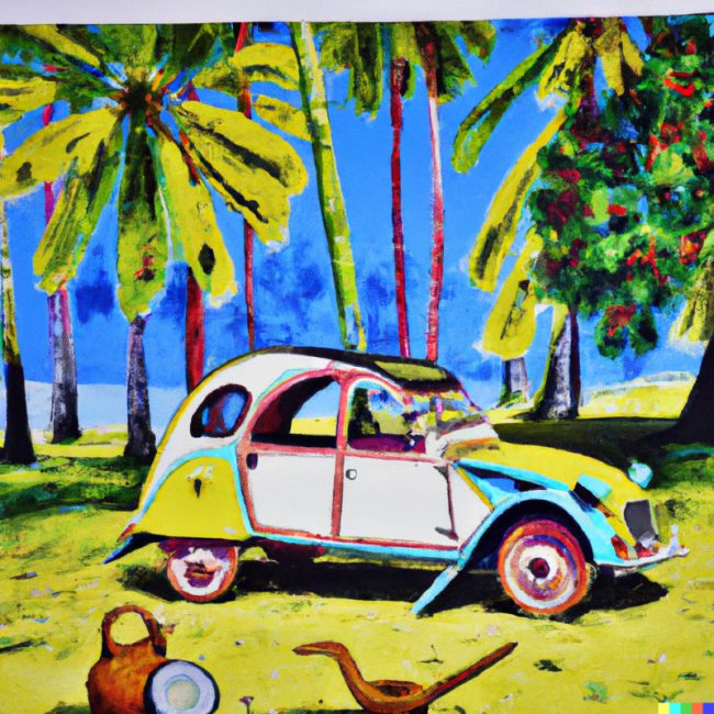 DALL·E 2023-01-22 18.55.53 - Paul gauguin painting of a Citroën 2cv under coconut trees on Tahiti island.png