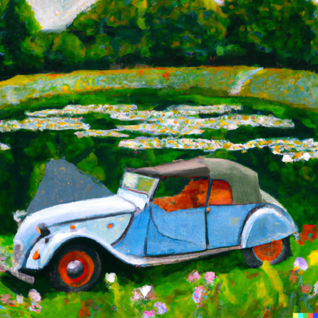 DALL·E 2023-01-22 18.17.38 - Claude Monet painting of Citroën 2CV charleston close to a lake with nenufars.png