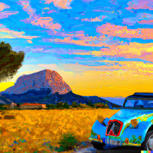 DALL·E 2023-01-22 18.23.38 - Vincent van Gogh painting of Citroën 2CV in Provence countryside at sunset with Sainte Victoire mountain behind .png