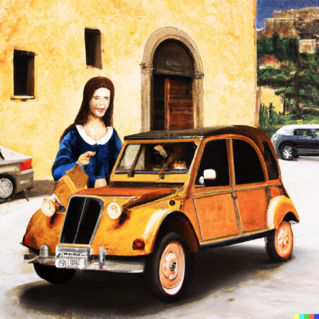 DALL·E 2023-01-22 18.32.35 - Leonard de Vinci painting of Joconde driving a 2CV Citroën in Florence streets.png