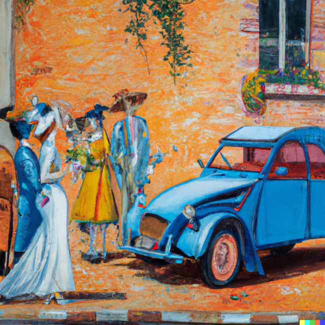 DALL·E 2023-01-22 18.34.41 - Toulouse Laurec painting of a wedding close to a 2CV Citroën in Albi street in summer.png