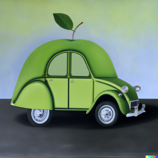 DALL·E 2023-01-22 19.09.35 - Henri Magritte painting of a Citroën 2cv with a green apple.png
